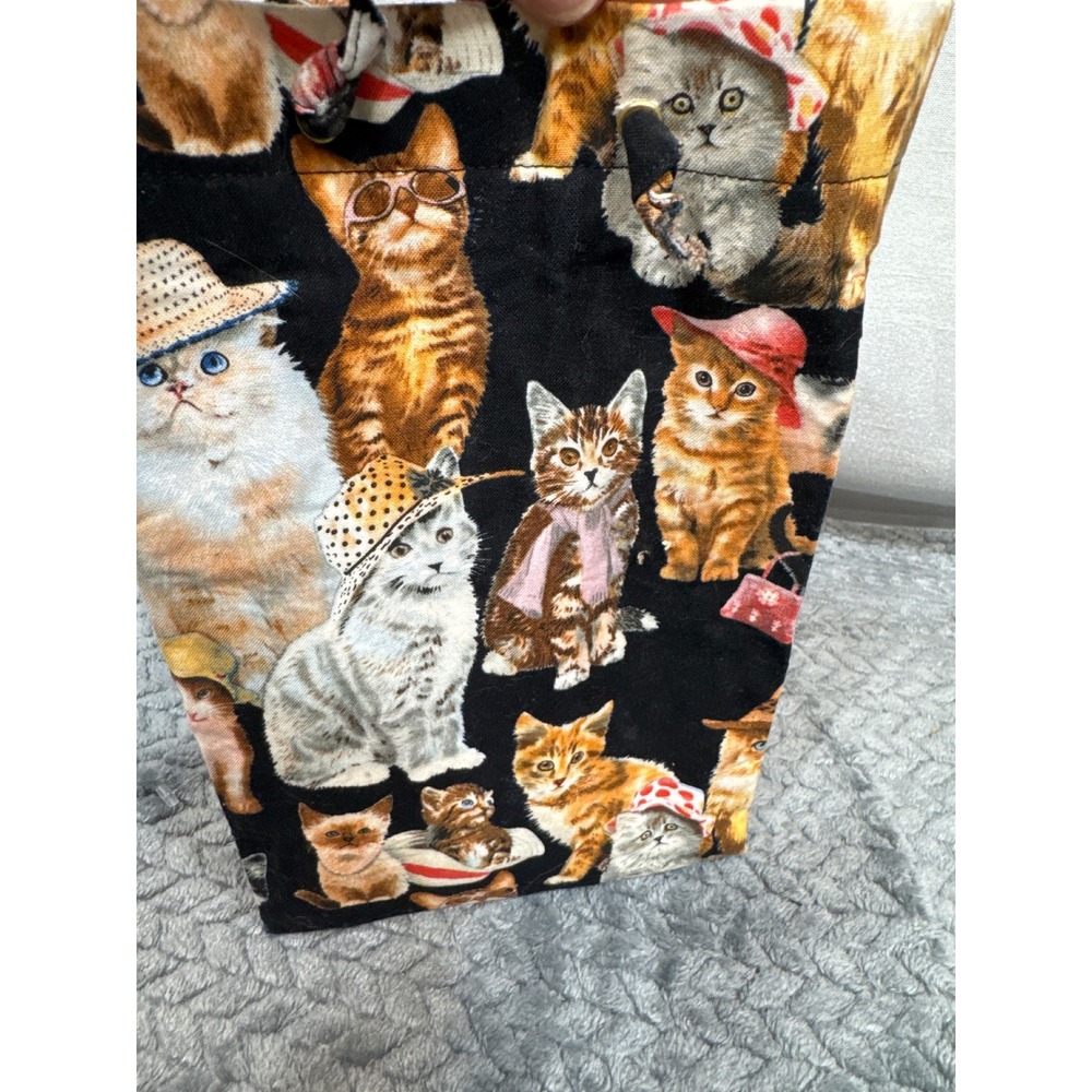 Handmade Whimsical Cats in Hats Novelty Print Canvas Tote Bag Black Multi Small - Picture 3 of 6